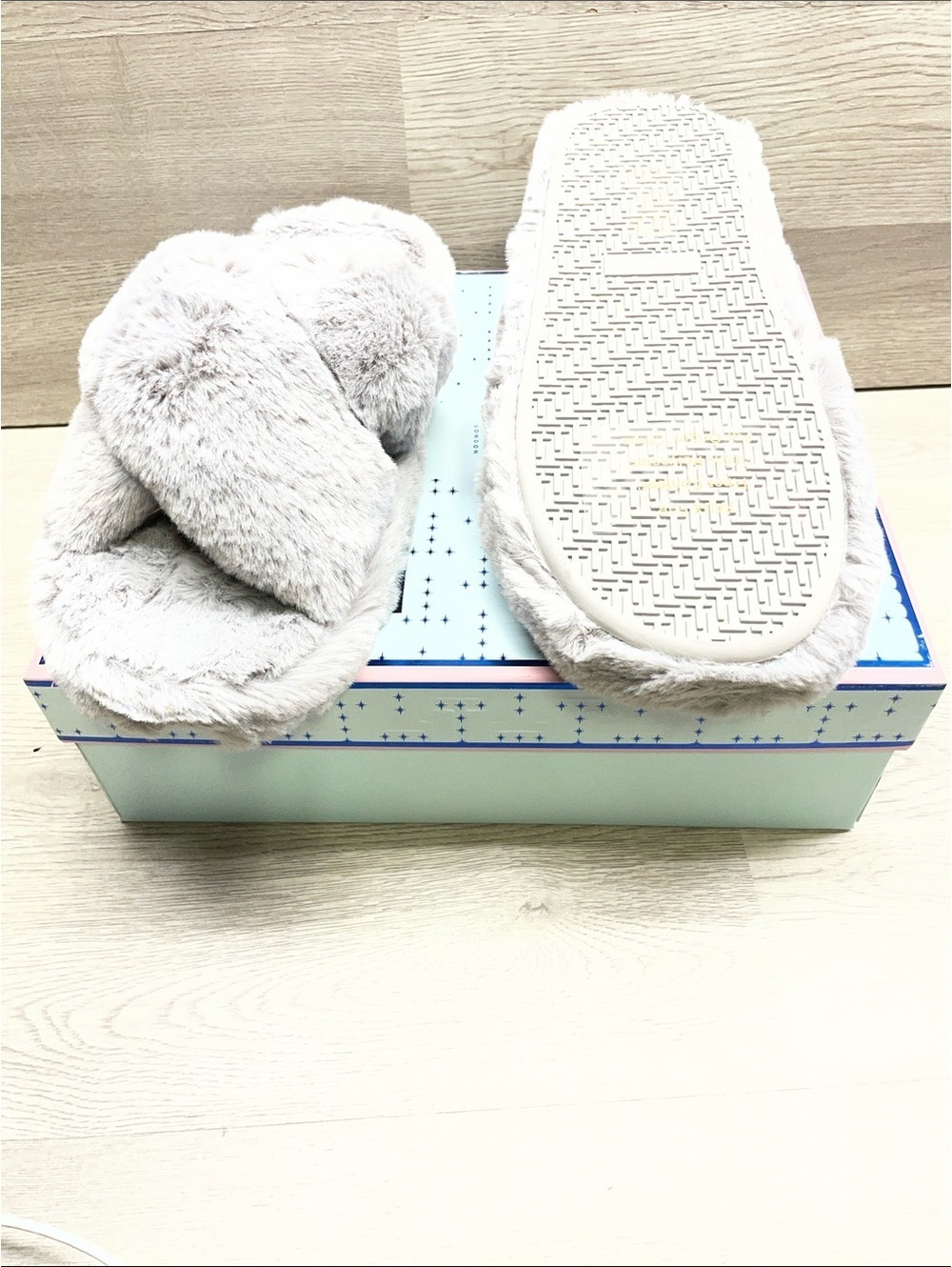 Ted Baker Light Gray Fuzzy Cross-Band Slippers#242
